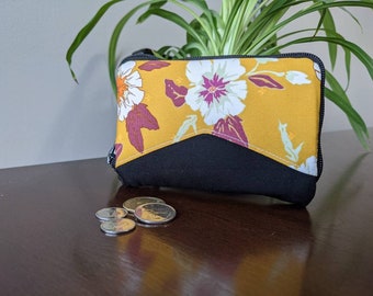 Yellow Blooms Little Mynta Accordion Zip Around Wallet with black zipper, room for 7 cards and cash