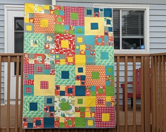 Square Dancing Lap Quilt, square design sofa throw, nap quilt, sofa blanket, lap blanket in primary colours