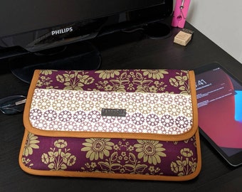 Burgundy Floral foam padded iCase iPad sleeve for tablet with zipper pocket, hook and loop closure