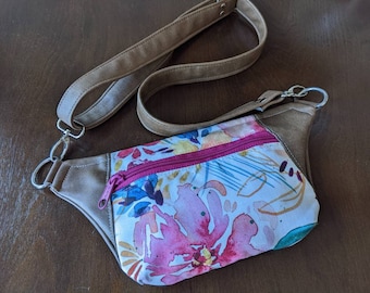 Watercolour Flowers floral Hip Bag, faux leather bumbag, fanny pack, day pack, small bag for dog walking, up to 40" waist