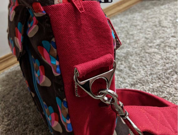 structured laptop style messenger bag satchel bag in pinwale corduroy and red denim Peacock Flower Ravenwood Bag