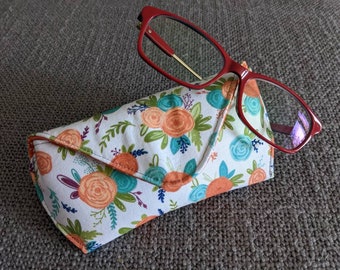 Cute orange floral glasses case or sunglasses pouch, foam padded pouch for glasses
