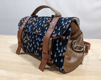 Winter Deer Messenger Handbag Bag satchel style with nickel hardware, brown vinyl, Tula Pink  Holiday Homies fabric