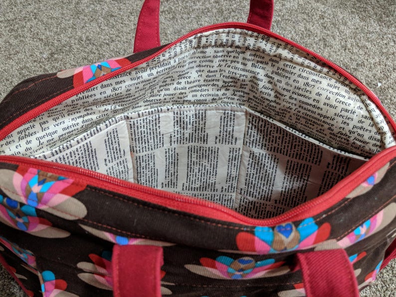 structured laptop style messenger bag satchel bag in pinwale corduroy and red denim Peacock Flower Ravenwood Bag