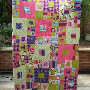 Helsinki Square Dance Lap Quilt, Sofa Throw, nap quilt, sofa blanket, lap blanket, Scandi style in bright green, pink and purple