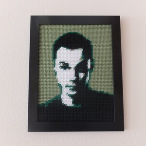 May include: A framed cross-stitch portrait of a person with black hair and a white face. The background is a light green color.