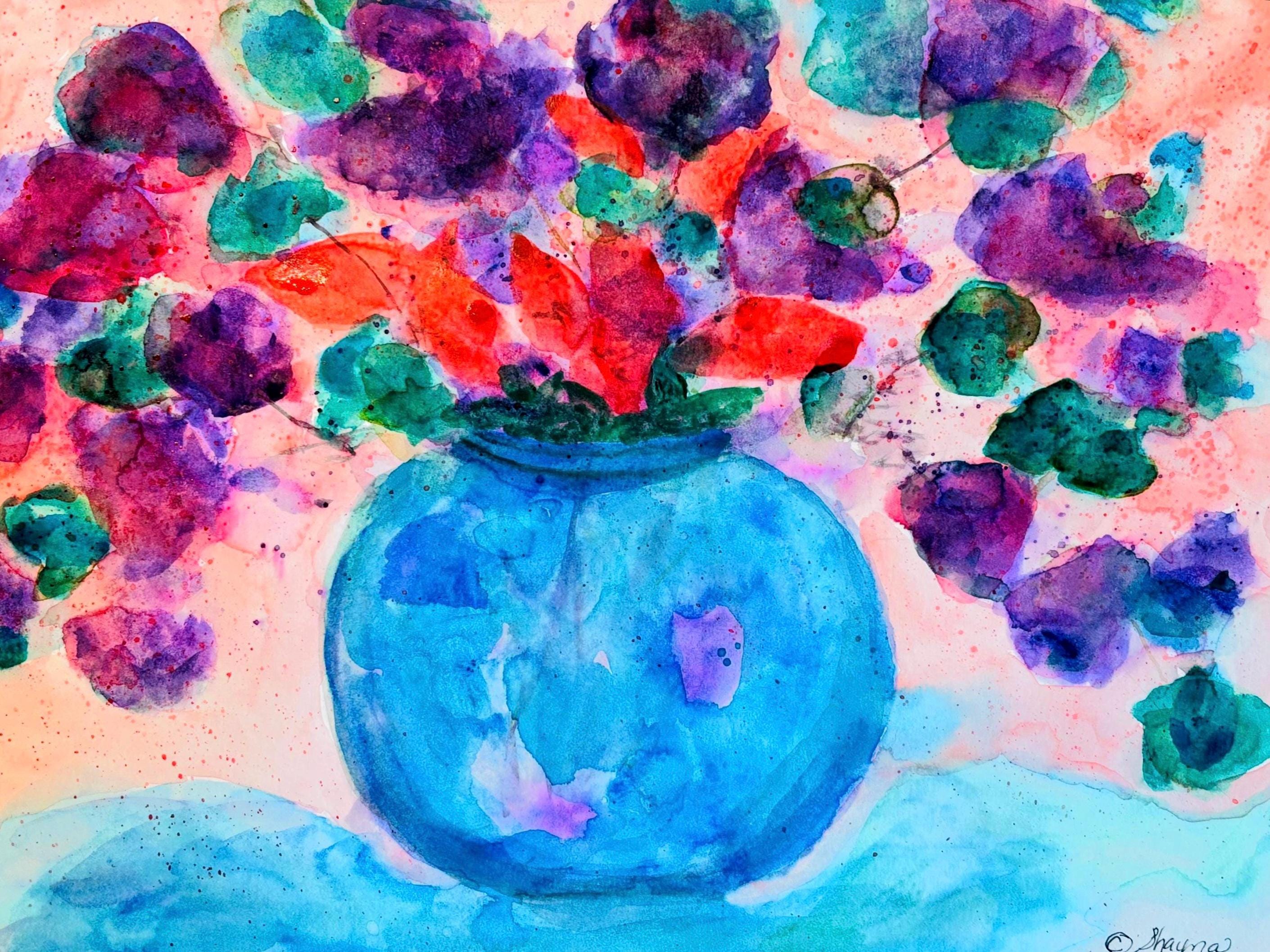 紫色の花の水彩画：緑の葉、半透明の花瓶 - Etsy 日本