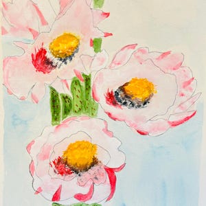 Originalaquarell von einem großen blühenden Kaktus, den ich Rosie Blooms nenne