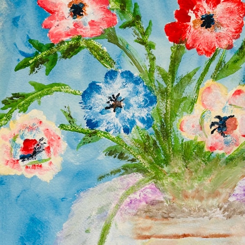 紫色の花の水彩画：緑の葉、半透明の花瓶 - Etsy 日本