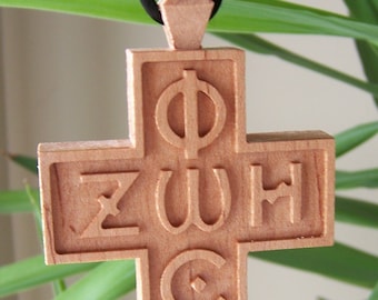 3 inch ZOE PHOS Greek Orthodox Cross made from Cherry Wood