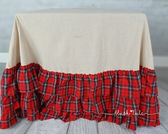 READY to SHIP!  Flannel Plaid Ruffle on Linen Tablecloth [Many Sizes] - Rustic Farmhouse for Wedding Holiday Christmas  - blush LULA