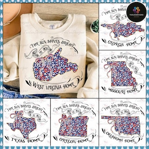 Bundle de carte d'État preppy des États-Unis au format PNG, carte florale du 4 juillet au format PNG, carte d'État patriotique au format PNG, Coquette Kentucky au format png, rouge blanc bleu png, girly des États-Unis
