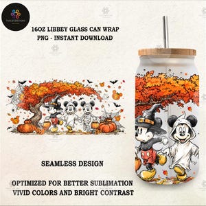 Cartoon Mouse Friends 16oz Glass Can Wrap Png, Fall Vibes Png, Halloween Pumpkins Libbey Glass Can Png, Halloween Cartoon Glass Can Wrap Png