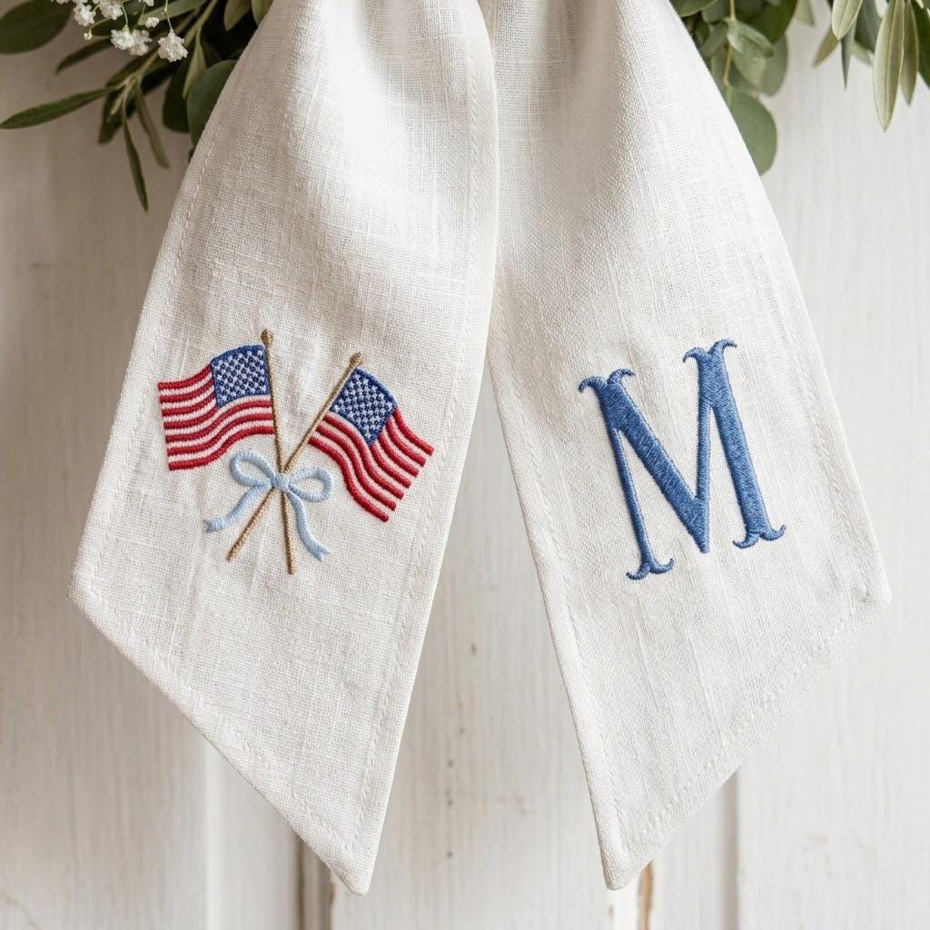 Embroidered Personalized USA Flag Wreath Sash, Summer Toile Front Door Bow, Custom Monogram Seersucker Door Decor, Holiday Decor