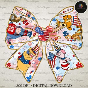 Bear 4th Of July PNG, Cartoon 4th July Png, Fourth Of July Designs, Independence Day,  Bear Coquette bow 4th Of July PNG, Freedom Png
