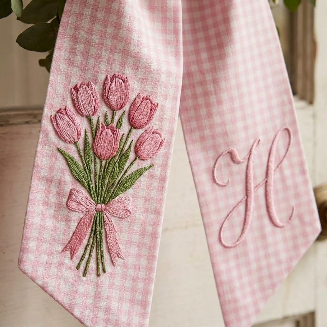 Embroidered Floral Coquette Wreath Sash, Personalized Wreath Sash With Monogram Initials, Housewarming Decor, Toile Flower Home Decor - Embroidery 2 Tails, Stripe Light Pink