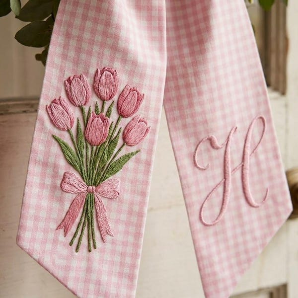 Embroidered Floral Coquette Wreath Sash, Personalized Wreath Sash With Monogram Initials, Housewarming Decor, Toile Flower Home Decor