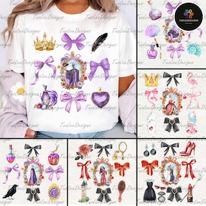 6 Villain Coquette Bow Characters Bundle Png, Family Vacation Png, Villain Princess Coquette Png, Cartoon Magical Mirror Bow Png