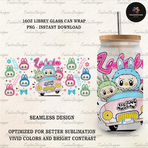 Cartoon 16oz Glass Can Wrap, Cartoon 16 oz Glass Can Png, 16 oz Libbey Glass Can Wrap, 16 oz Tumbler Wrap Png, Sublimation Design