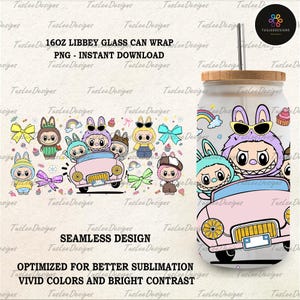 Cartoon 16oz Glass Can Wrap, Cartoon 16 oz Glass Can Png, 16 oz Libbey Glass Can Wrap, 16 oz Tumbler Wrap Png, Sublimation Design