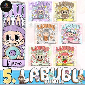 Lot de 6 gobelets minces de dessin animé drôle de 20 oz PNG, nom d'enfant personnalisé PNG, conception de personnage de dessin animé rose tendance, cadeau parfait pour les enfants