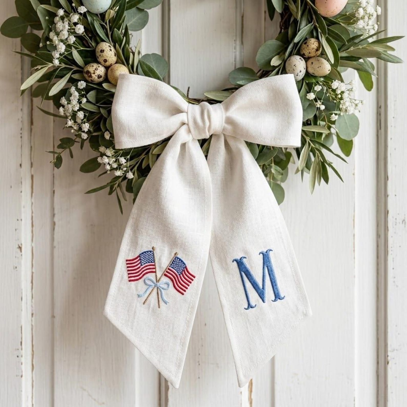 Embroidered Personalized USA Flag Wreath Sash, Summer Toile Front Door Bow, Custom Monogram Seersucker Door Decor, Holiday Decor