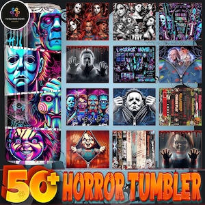 Lot de 50 gobelets d&#39;Halloween tueur 20 oz design png, emballages de gobelets droits personnages d&#39;horreur png, emballage de gobelet de film d&#39;horreur