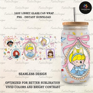 Pink Cartoon 16oz Glass Can Wrap, Cartoon 16 oz Glass Can Png, 16 oz Libbey Glass Can Wrap, 16 oz Tumbler Wrap Png, Sublimation Design