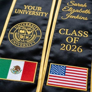 Embroidered Custom Graduation Stole with Two Flags, Personalized School Color Grad Sash, Class of 2026 Graduation Gift