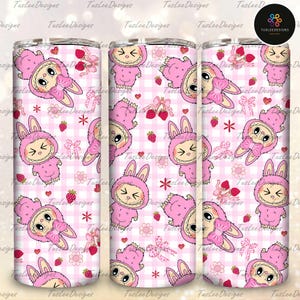 Pink Doll Cartoon 20oz Skinny Tumbler Wrap Png, Cartoon 20oz Tumbler Wrap, Perfect Gift for Kids Png, Checkered Pink Cartoon Character