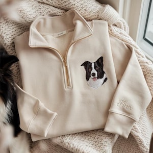 Custom Pet Portrait Embroidered Quarter Zip Sweatshirt: Personalized Dog Memorial Gift, Embroidered Dog Cat Crewneck