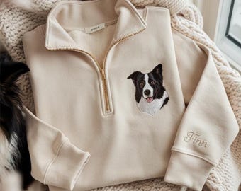 Custom Pet Portrait Embroidered Quarter Zip Sweatshirt: Personalized Dog Memorial Gift, Embroidered Dog Cat Crewneck