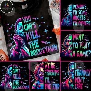 Horror Halloween Neon Png-Bundle, Charaktere Scary Png, Neon Kürbis Halloween Png, Bunte Blumen Gruselige Saison Png, Retro Horrorfilm