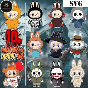 10+ Horror Labubu PNG Bundle, Halloween PNG SVG, Killers Chibi Style, Cute Spooky Character Stickers, Kawaii Creepy Clipart