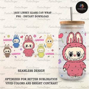 Funny Cartoon Character Coffee Glass Template, Trending Pink Cartoon Character 16oz Libbey Can Wrap Design, Cartoon Glass Can Wrap