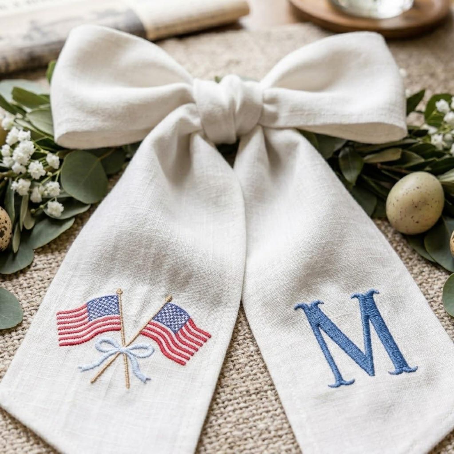 Embroidered Personalized USA Flag Wreath Sash, Summer Toile Front Door Bow, Custom Monogram Seersucker Door Decor, Holiday Decor - Embroidery 2 Tails, Solid White