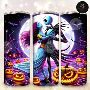 Halloween Nightmare Couple Neon 20oz Tumbler Png, Nightmare Cartoon Png, Halloween Friends 20oz Skinny Tumbler Png Design