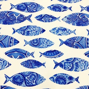 Small ROUND Handmade Tablecloth Diameter 55 140 cm BLUE FISH on White image 2