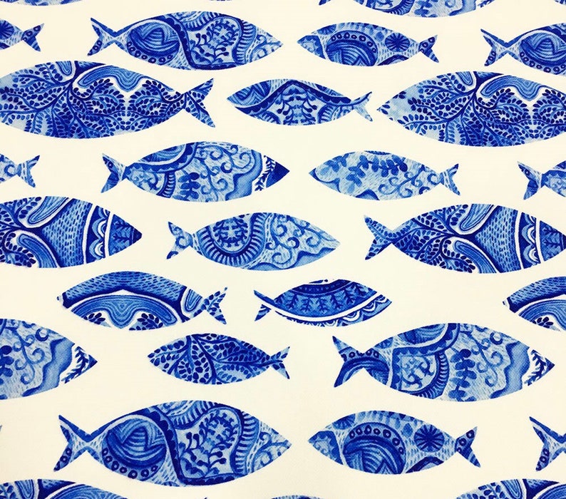 Small ROUND Handmade Tablecloth Diameter 55 140 cm BLUE FISH on White image 2