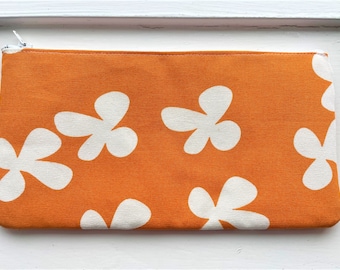 FLOWERS ON ORANGE - Pencil Case, Cash Wallet, Clutch, Make Up Bag, Large Zipper Pouch Padded - Heavyweight Fabric Stain and Water Resistant