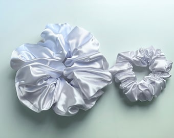 PURE WHITE - Set of 2 Scrunchies - 1 XXL Scrunchie and 1 Mini Scrunchie Set , Hair Accessories Hair Ties  oft and Shiny Satin in White