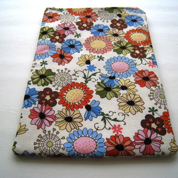 RETRO FLOWERS - Kindle Paperwhite, Fire, Voyage, Kindle Fire HD Nook, Nook Color, Glowlight Ereader Sleeve - Padded and Zipper Closure