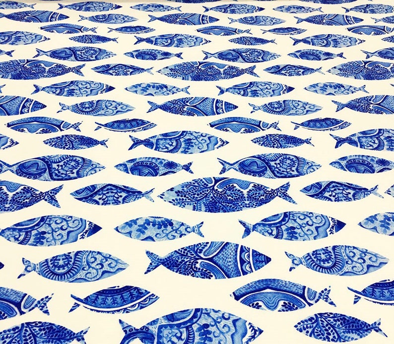 Small ROUND Handmade Tablecloth Diameter 55 140 cm BLUE FISH on White image 1