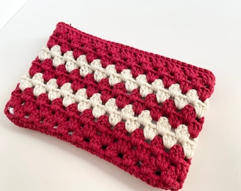 Handmade Crochet Pouch - RASPBERRY and CREAM - Zippered Pouch Crochet Bag, Make Up Case Cash Wallet, Clutch Fully Lined  - 5" x 8" Midi Size