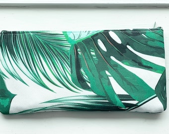 TROPICAL WHITE & GREEN - Pencil Case, Cash Wallet, Clutch, Bag Large Zippered Pouch - Flat - Heavyweight Fabric Stain and Water Resistant