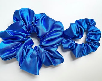 ROYAL BLUE - Set of 2 Scrunchies - 1 XXL Scrunchie and 1 Mini Scrunchie Set , Hair Accessories Hair Ties  oft and Shiny Satin in Rich Blue