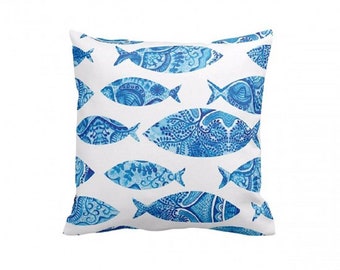 BLUE FISH - Throw Pillow, Decorative Pillow, Pillow Cover, Pillow Case, Beach House Decor - Square - 17" x 17" - White Zipper Closure -