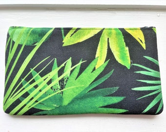 TROPICAL BLACK & GREEN - Pencil Case, Cash Wallet, Clutch, Bag Large Zippered Pouch - Flat - Heavyweight Fabric Stain and Water Resistant