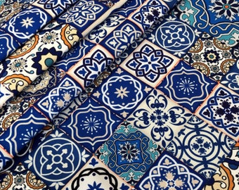 BLUE TILES - Custom Sizes- Handmade Tablecloth -  48”, 55”, 63", 70", 78" in length - 120 cm, 140 cm, 160 cm, 180 cm