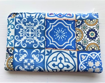 BLUE TILES - Pencil Case, Cash Wallet, Clutch, Make Up Bag, Large Zippered Pouch - Heavyweight Fabric Stain and Water Resistant Washable